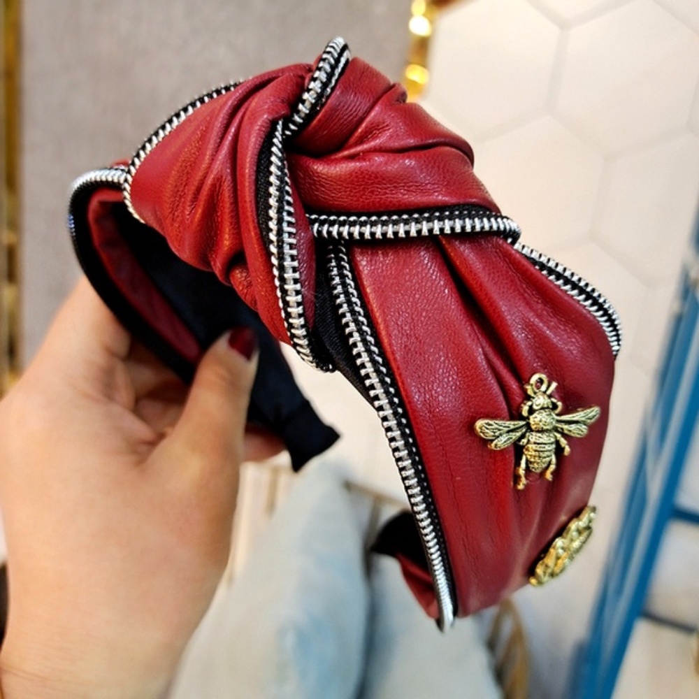 Faux Leather Headband Zipper BumbleBee Accent